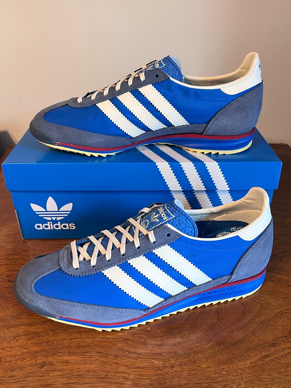 adidas Blue White Gray Retro Running Sneakers with Red Accent